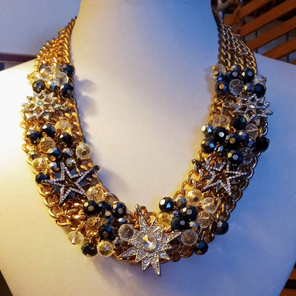 ⭐️HOST PICK! Stunning Starburst Statement Chunky Necklace Black Gold Silver Glam - Picture 7 of 15